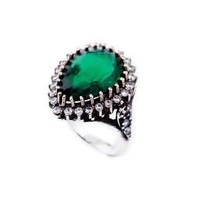 925 Silver Ottoman Hurrem Sultan Ring with Emerald and Clear Cz Stones 