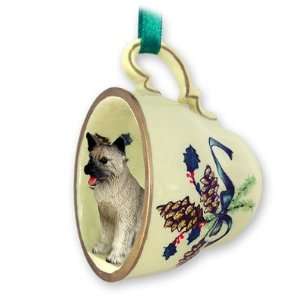  Akita Green Holiday Tea Cup Dog Ornament   Gray