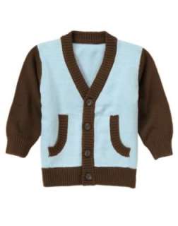 Light blue cardigan sweater has brown sleeves and brown trim with 