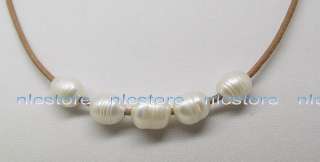Genuine big white pearls & leather necklace  