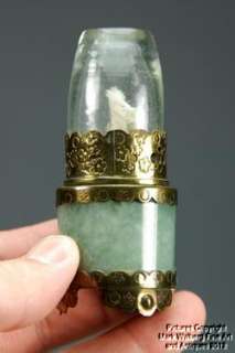 Chinese Jadeite Jade Archer s Ring Miniature Oil Lamp, Gilt Metal 