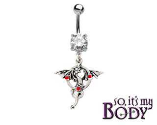 WINGED DRAGON RED GEMS SILVER DANGLE BELLY RING 14g  