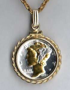 Gold/Silver Pendant, Silver & Gold U.S. Mercury Dime  