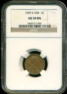 1909 S VDB LINCOLN WHEAT CENT NGC AU50 BN BROWN  