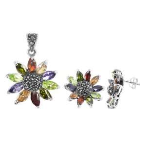   Gemstones Marcasite Flower 19mm Earrings and 23mm Pendant Set Jewelry