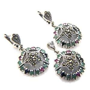   Emerald Sapphire Marcasite Genuine Silver Earring Pendant Set Jewelry