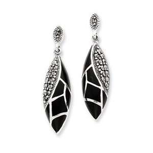    Sterling Silver Marcasite and Onyx Dangle Post Earrings: Jewelry