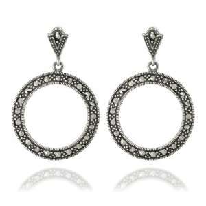  Sterling Silver Marcasite Circle Drop Earrings Jewelry