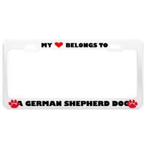 German Shepherd Dog Pet White Metal License Plate Frame Tag Holder