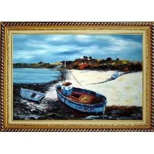 Boats on Beach Oil Painting, with Linen Liner Gold Wood Frame 30.5 x 
