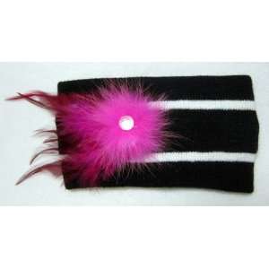 Black and White Winter Knit Ear Warmer Headband with Pink Feathers and 
