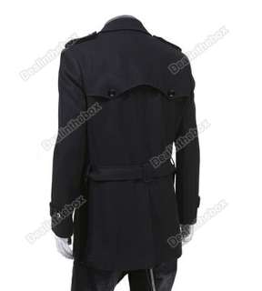 Mens Front Button&Waist Belt Trenc Excellence Woolen Trench Coat 