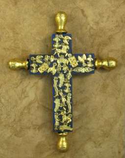 WOW!! MEXICAN FOLK ART  BLUE  WOODEN CROSS WITH GOLD TONE MILAGROS 
