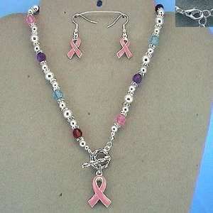  Breast Cancer ~ Pink Ribbon Necklace & Earring Set ~ Multi color 
