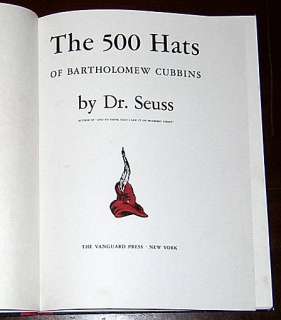 Dr. SEUSS 500 Hats of Bartholomew Cubbins c1938 Hardcover Dustjacket 