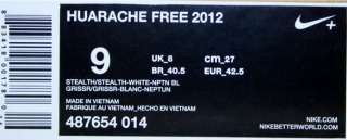 NIKE HUARACHE FREE 2012 STEALTH NEPTUNE BLUE WHITE SZ 8.5 12 GREY BLUE 