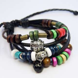 Tibetan Silver Leather hemp wood Beads Bangles Bracelet  