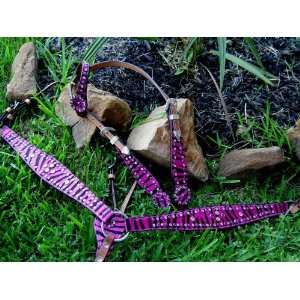   WESTERN LEATHER HEADSTALL PURPLE ZEBRA WITH BLING 