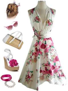 50s Style WHITE Asian Florals HALTER WRAP Sun Dress  