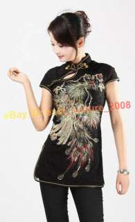 Embroidery Phoenix Party Shirt Blouse Top Black WHS 52  