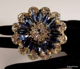 Whoa Vintage Crystal & Sapphire Blue Rhinestone Flower Brooch Pin 
