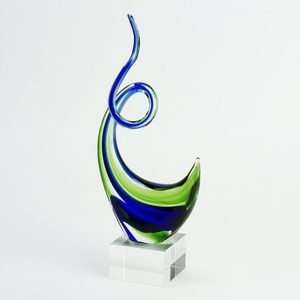    Blue Green Crystal Glass Centerpiece Sculpture Wave