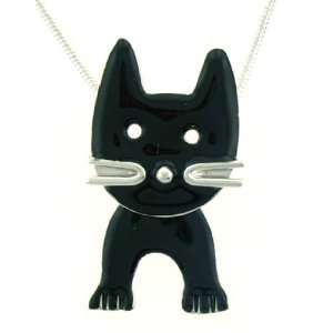  Black Cat Face w/ Swinging Legs Pendant Necklace 