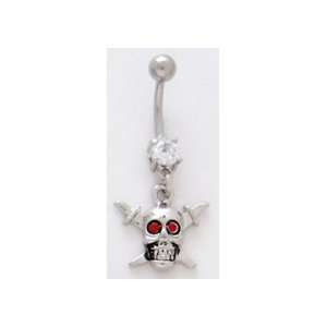   Jeweled Skull and Sword Cross Bones with Red Jeweled Eyes Naval Ring