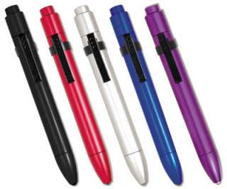 This LED penlight is push button activated and features metal 