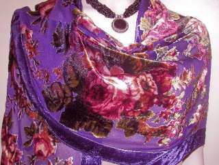 Silk Velvet Wrap Scarf Shawl Purple English Rose Beaded  