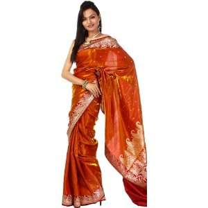  Orange Banarasi Sari with Golden Bootis and Brocaded Anchal   Art Silk