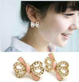Fashion Korean Imitation Pearl Beads Bowknot Bow Stud Earrings Earbobs 