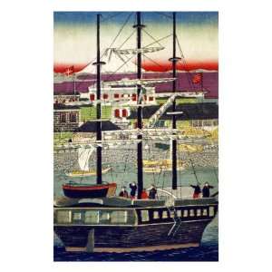 3 Masted Ship in Yokohama Harbor, Japanese Wood Cut Print 