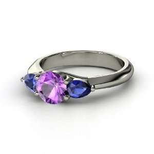  Triad Ring, Round Amethyst 14K White Gold Ring with 