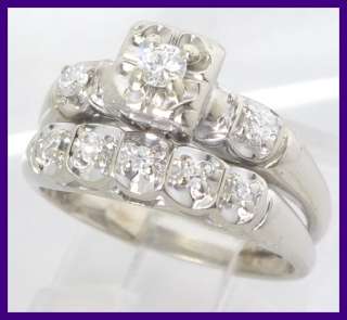 10k White Gold Antique 2 Piece Round Diamond Wedding Ring Set .26ct 