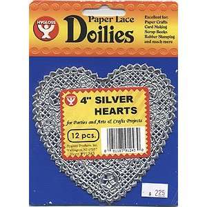  91243 Heart Paper Lace Doilies  4 inch Silver Foil 