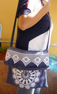 Dark Blue Messenger   Travel bag   Shoulder Bag with hand crochet lace 