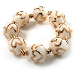  Italian Glass Heart Bead Flex Bracelet (Milk White & Gold 