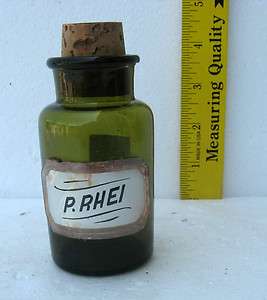 ANTIQUE APOTHECARY JAR GREEN w/LABEL UNDER GLASS P. RHEI  