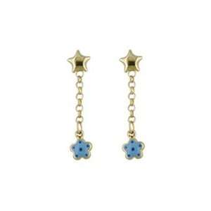   Gold Blue Enamel Polka Dot Flower Dangle Earring (26mm x 5mm) Jewelry