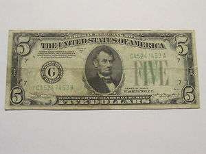 1934 A Five Dollar U.S. Federal Reserve Note, $5, 7453A, Chicago,IL 