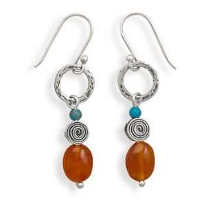   Circle Carnelian Turquoise Drop French Wire Silver Earrings Jewelry