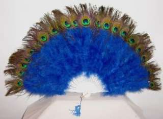  Royal Blue Marabou Feather Fan with Peacock Tips Clothing