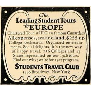  1927 Ad Students Travel Club Europe Tours Cunarders 