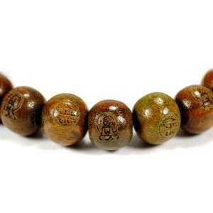 BROWN WOOD WRIST MALA 10mm Prayer Bead Bracelet Stretch Carved Buddha 
