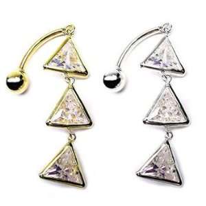 14K Gold Belly Ring with 3 Gorgeous Triangle CZ Dangles, ruby, White 