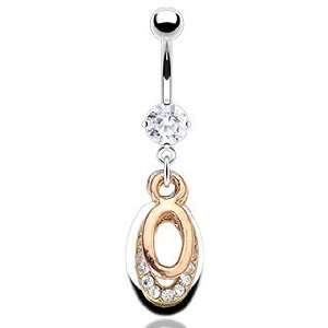 316L Prong Set Gem Belly Ring with Triple Tone Gem Pave Oval Dangle 