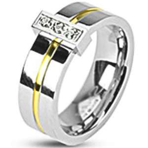   316L Stainless Steel Gold ip Stripe Lost Treasure cz Ring Jewelry