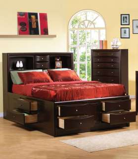 CAPPUCCINO WOOD QUEEN CAPTAIN BOOKCASE BED w/10 DRAWERS  