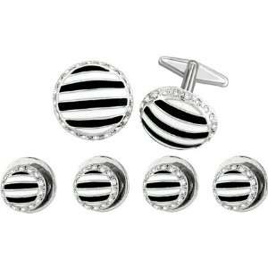 Round CV Cufflink and Stud Set with Black and White Stripes in Center